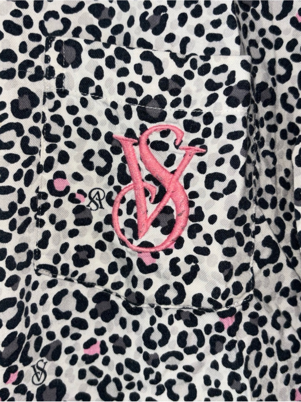 Victoria's Secret Black/White/Pink Leopard Print Pajama Set with Pink Embroidery
